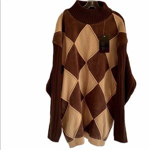 Vintage 90’s Brown Tan Sweater Faux Suede Patches